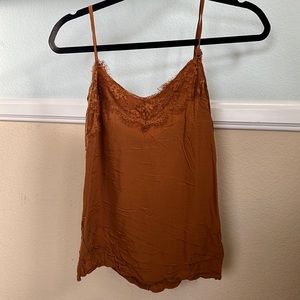 COPY - Rust colored lace trim tan top, flowy silk fabric